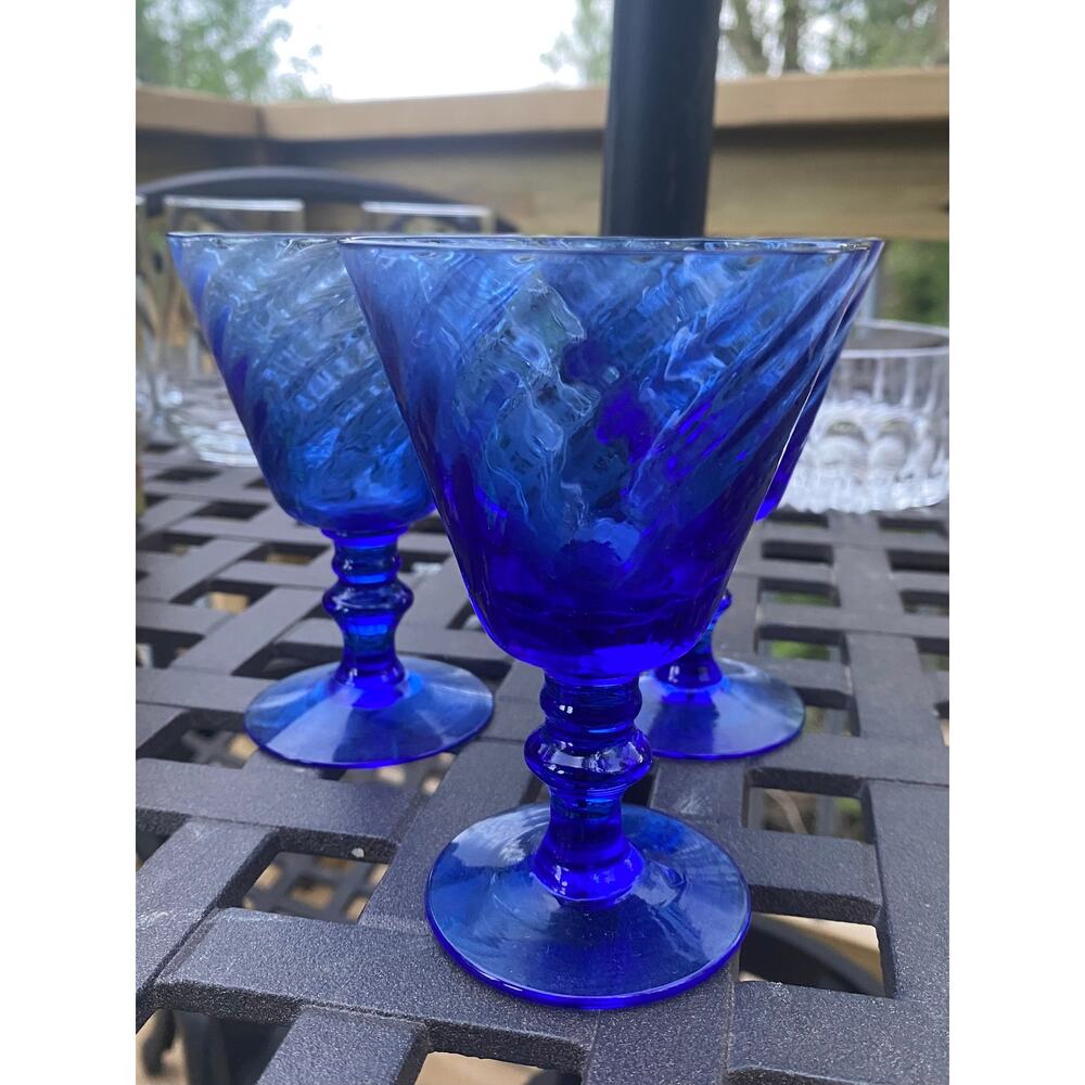 Set of 3 VTG Libbey Cobalt Blue "Royal Swirl"‎ Optic Stemware Drinking Glasses